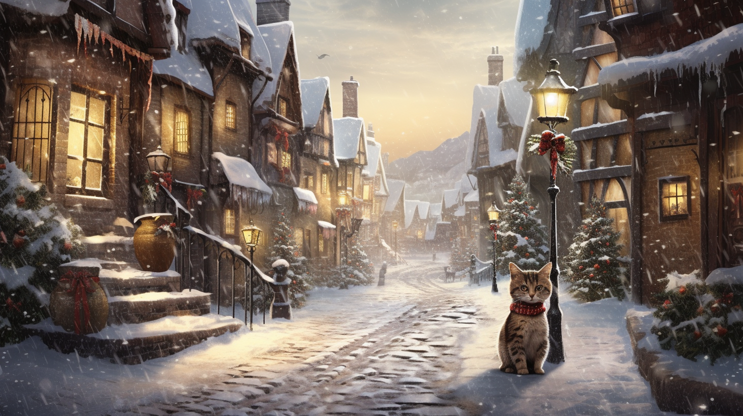 Cute Christmas cat in snowy village