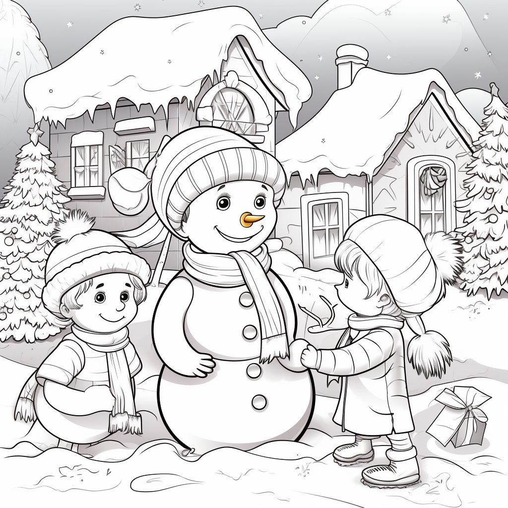 Children playing with snowman in Christmas coloring book