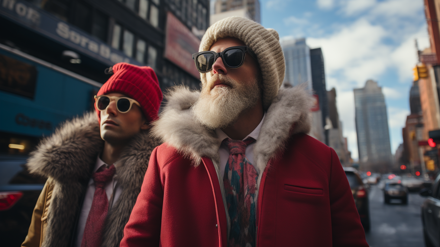 Quirky characters in Christmas attire exploring downtown NYC