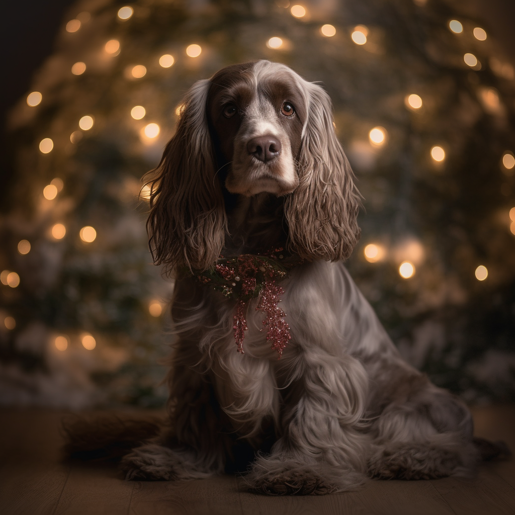 Smiling cocker spaniel in fluffy Christmas dress