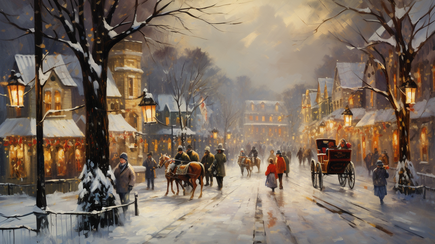 Oil painting of snowy Christmas Eve