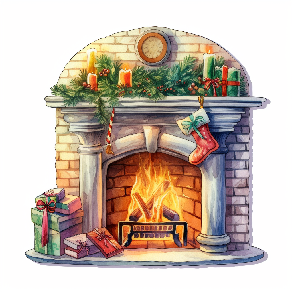 Detailed 1950s Watercolor Christmas Fireplace Sticker