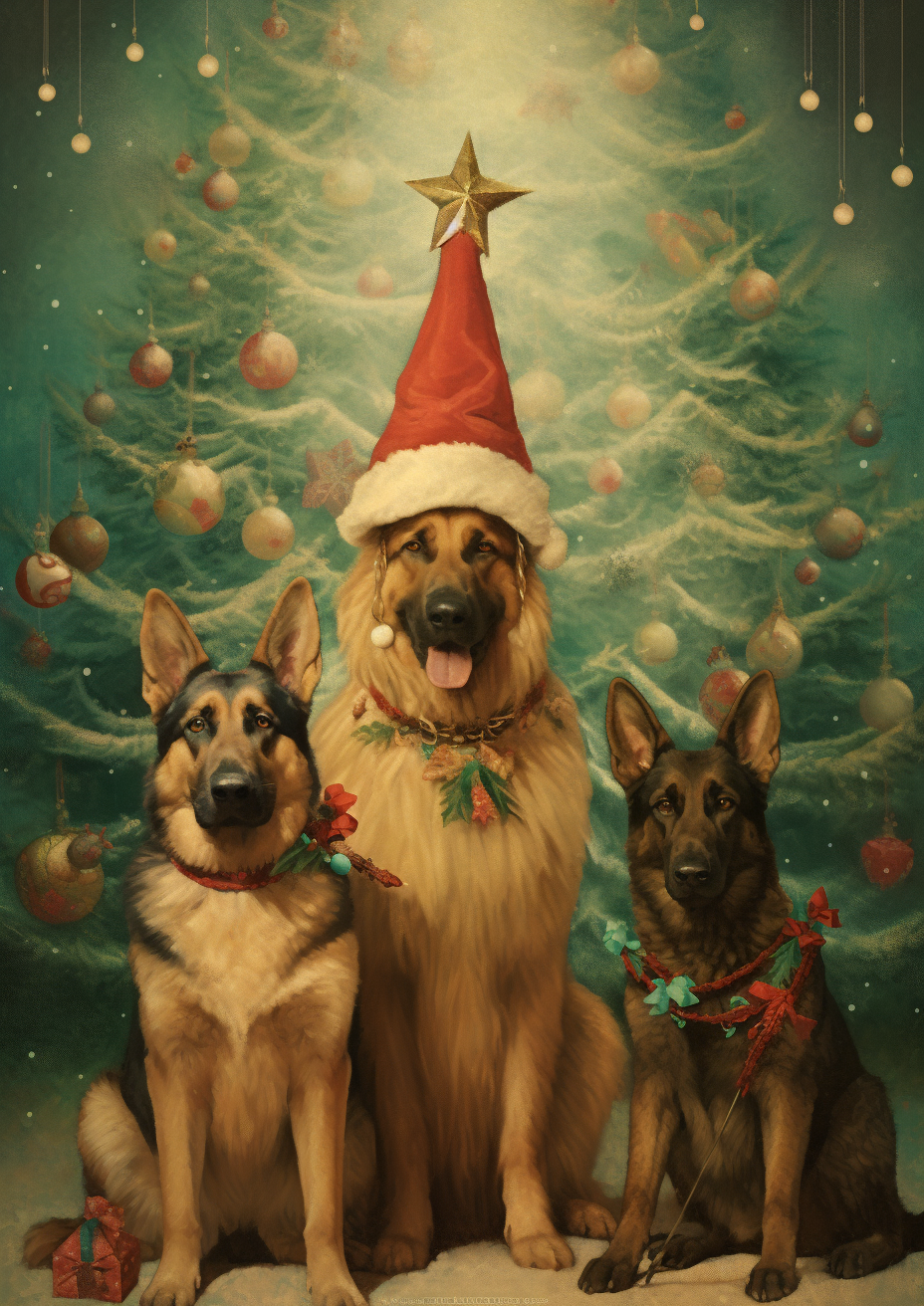 German Shepherds near Christmas Tree