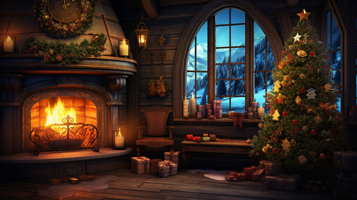 Cozy Christmas hobbit house with fireplace and tree