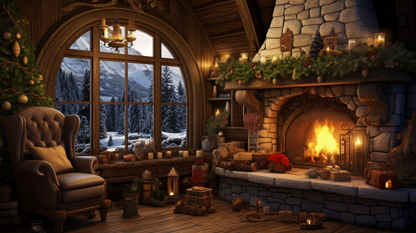 Christmas Hobbit House Interior with Fireplace