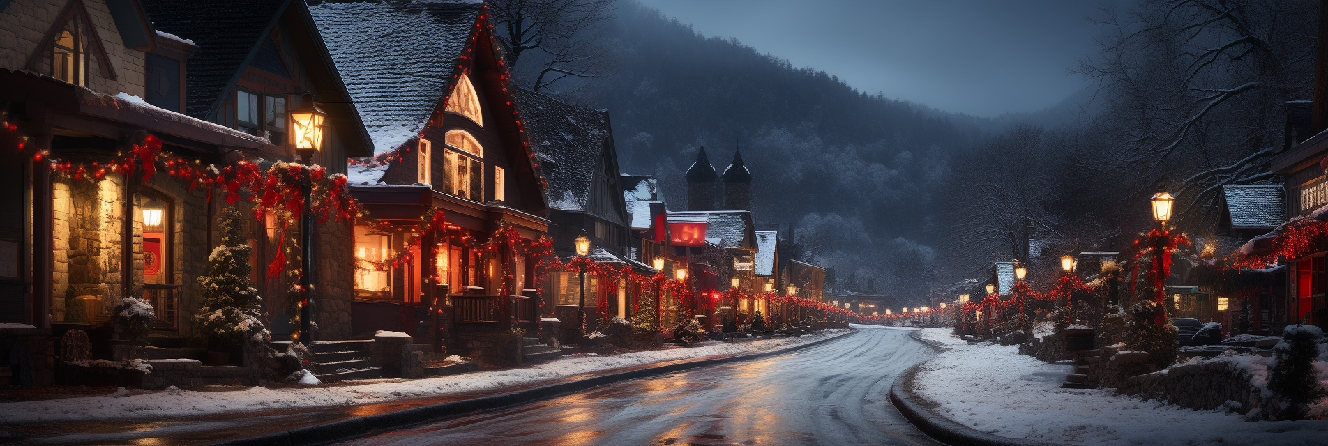 Christmas lights in a snowy mountain village