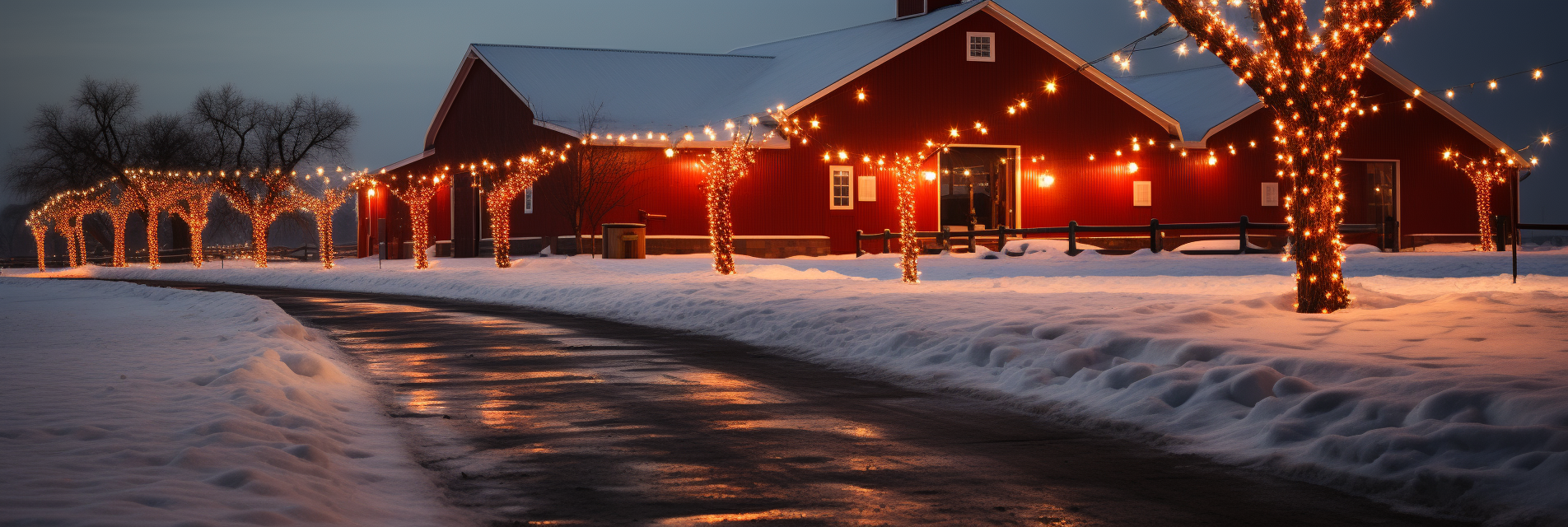 Red barn with Christmas lights