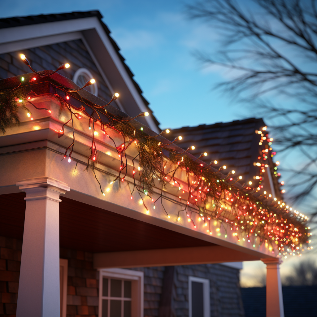 Closeup of Christmas lights on a roofline