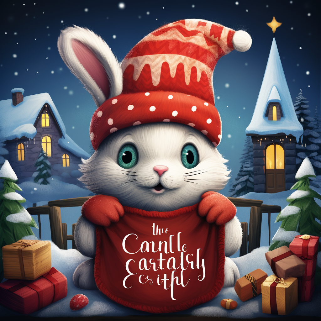 Cute rabbit in winter hat and scarf surrounded by holiday decorations