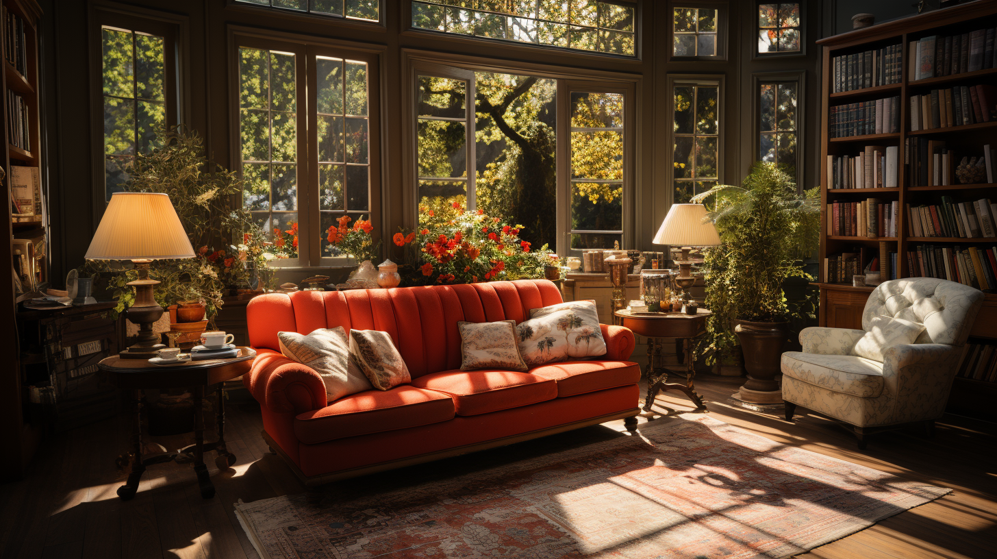 Christmas living room with decorated homes outside