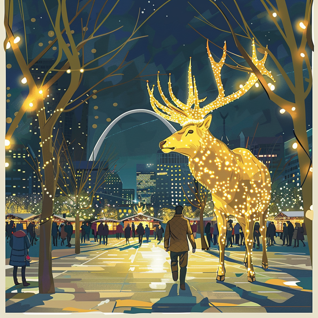 Christmas market with illuminated stag