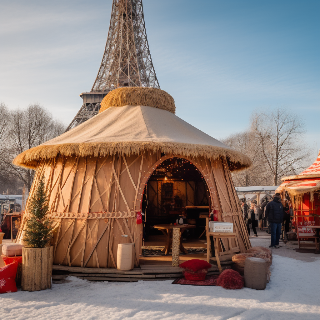 Asian yurt at Christmas market by Eiffel Tower