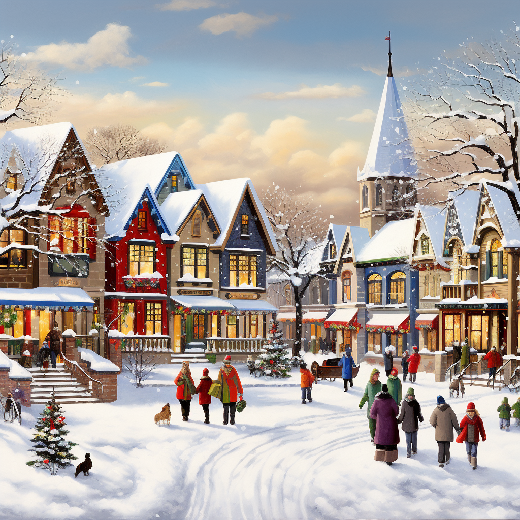 Christmas morning village scene with people and snow blowing