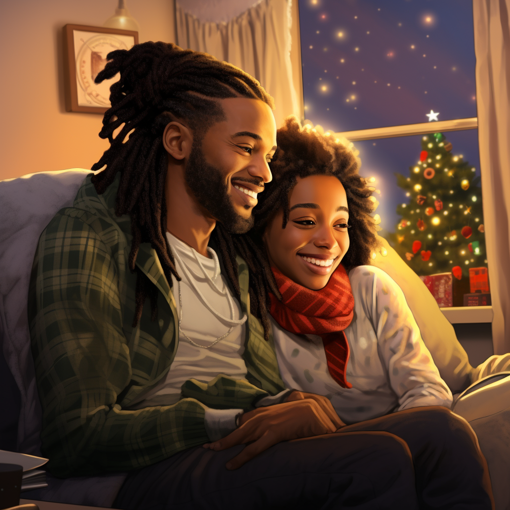 Smiling black couple enjoying Christmas movie night