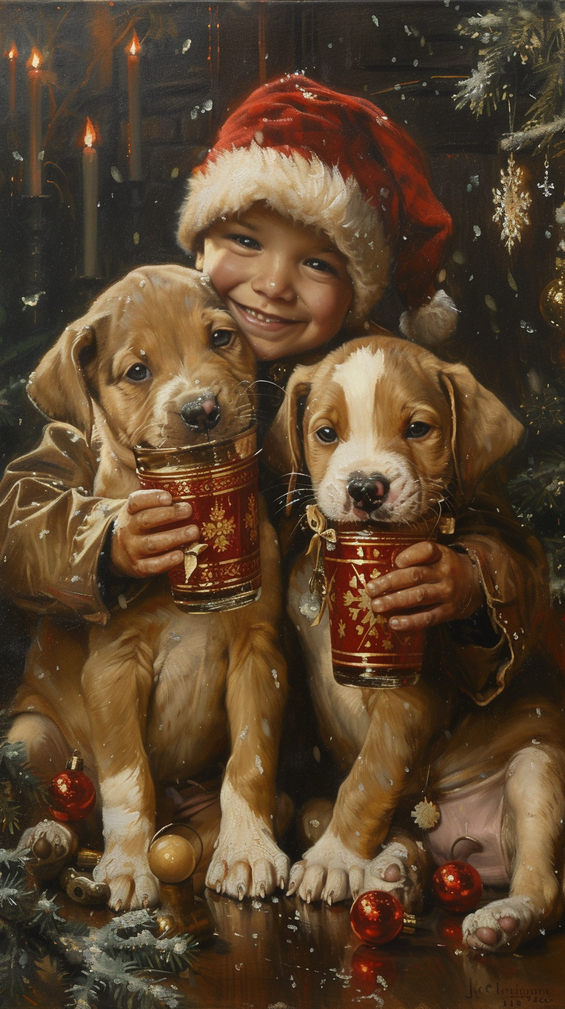 Christmas puppies by Jordan Grimmer, J C Leyendecker, Ivan Shishkin Tropius, American Christmas