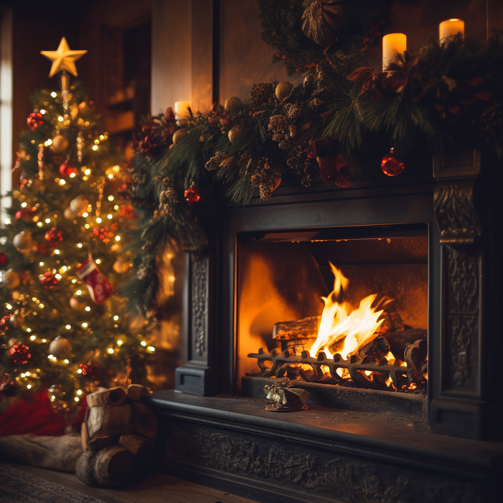 Close-up of Christmas Tree with Cozy Fire