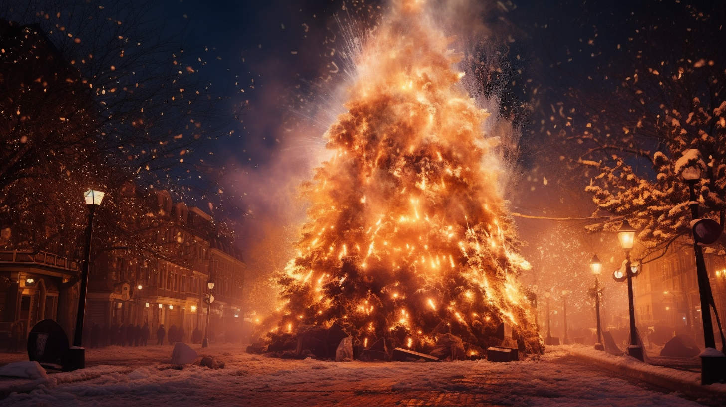 Burning Christmas Tree in Town Square