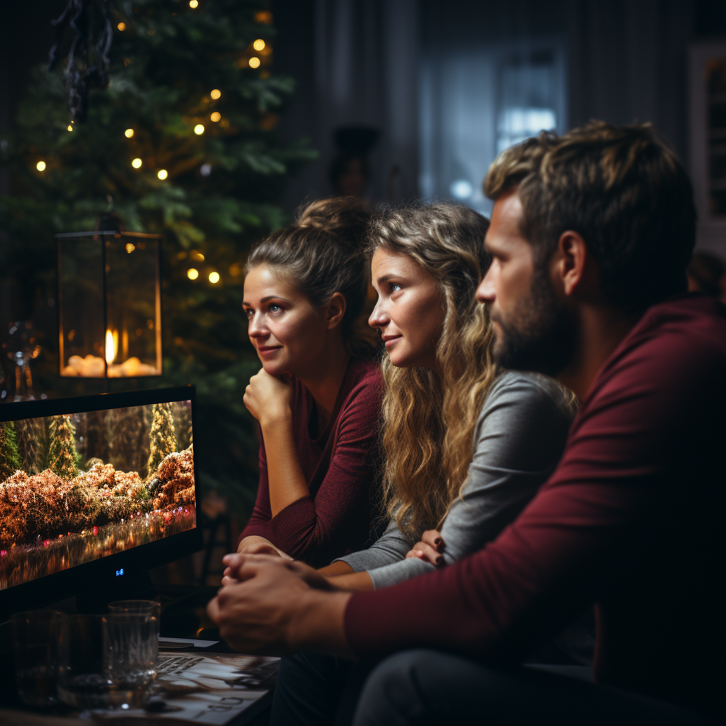 Four people sitting on sofa looking at Christmas tree