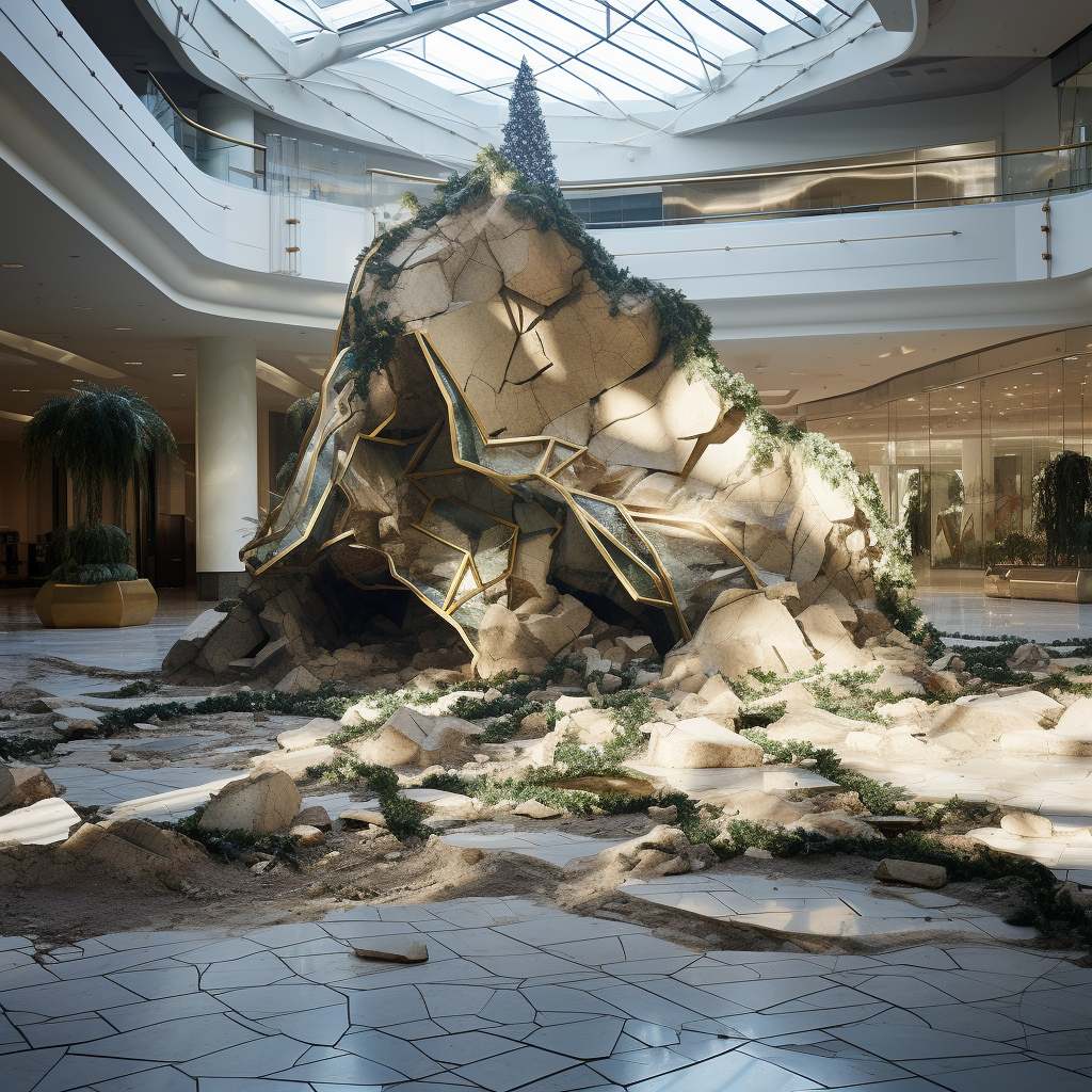 Vibrant Christmas tree breaking through marble floor