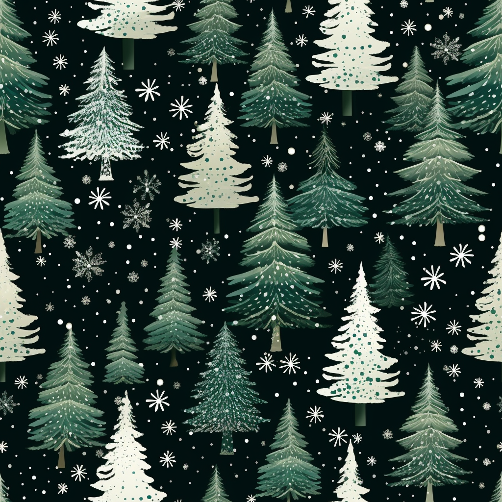 Vintage Christmas-themed seamless pattern with trees and snowflakes