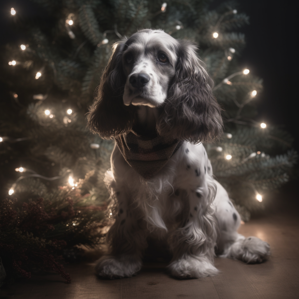 Cocker Spaniel in Festive Dress with Christmas Lights Bouquet