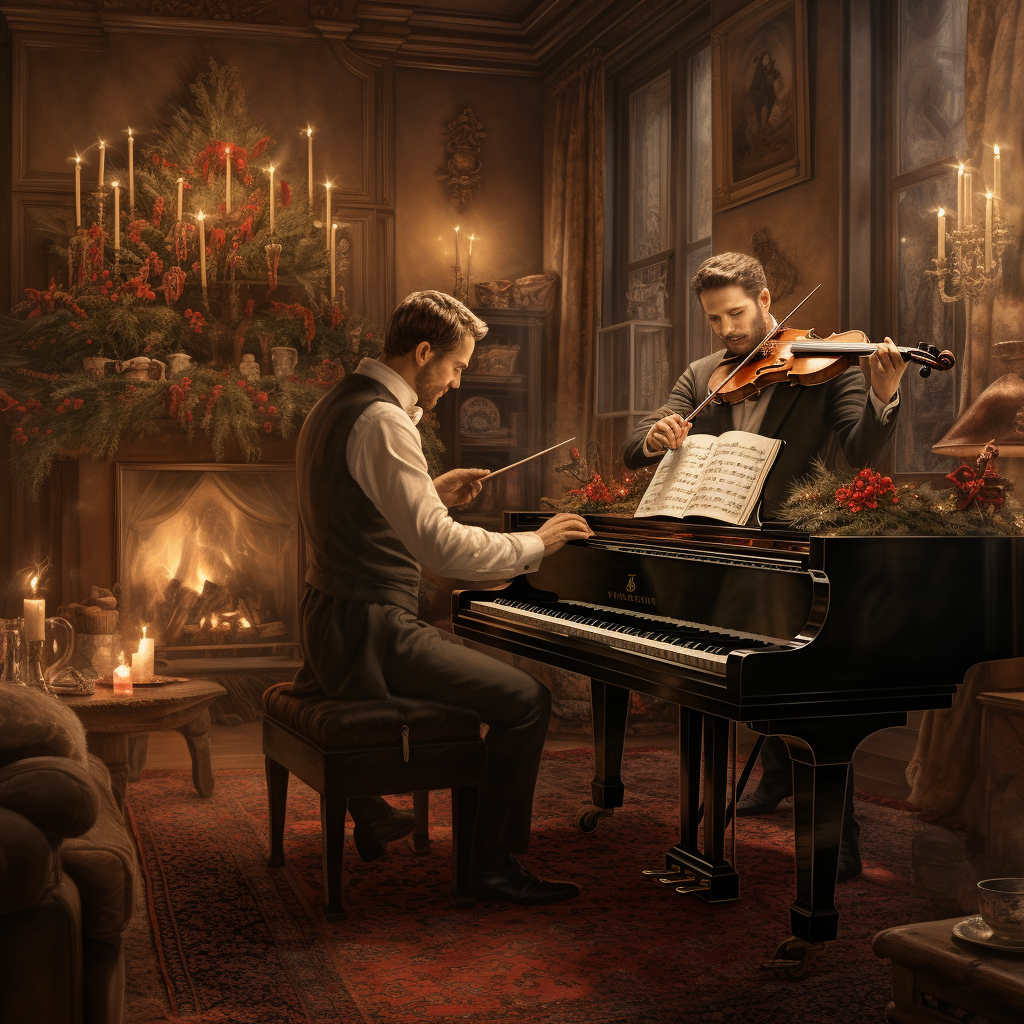 Talented violinist and pianist performing Christmas music