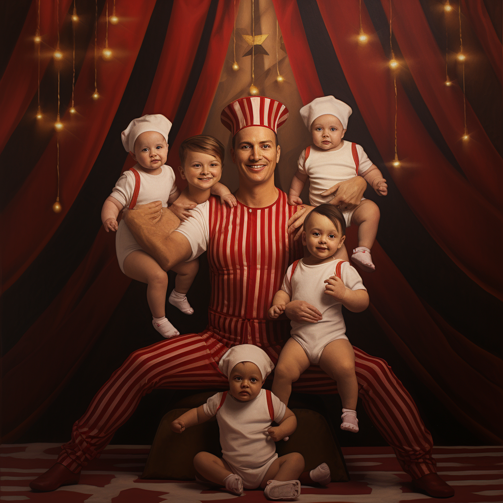 Christmas acrobats with pregnant woman and baby performing