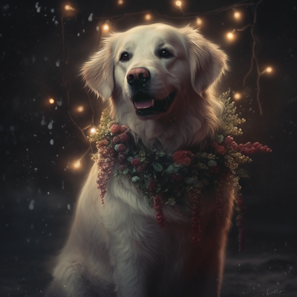 Labrador in Fluffy Dress holding Christmas Lights