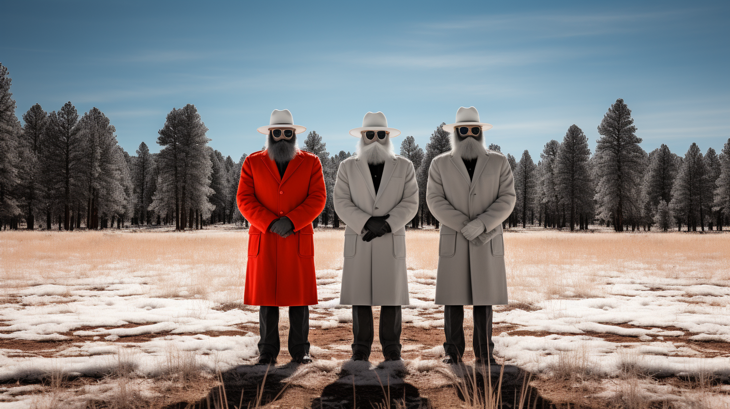 Quirky characters exploring Yellowstone in Christmas attire