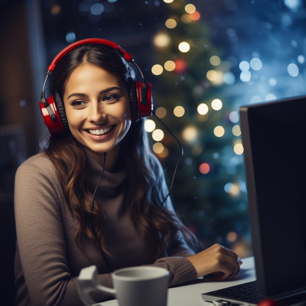 Happy call center agent in Christmas hat