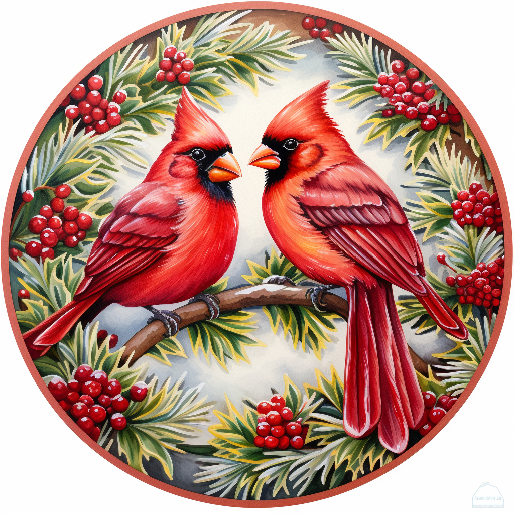 Colorful Christmas cardinals on circular background