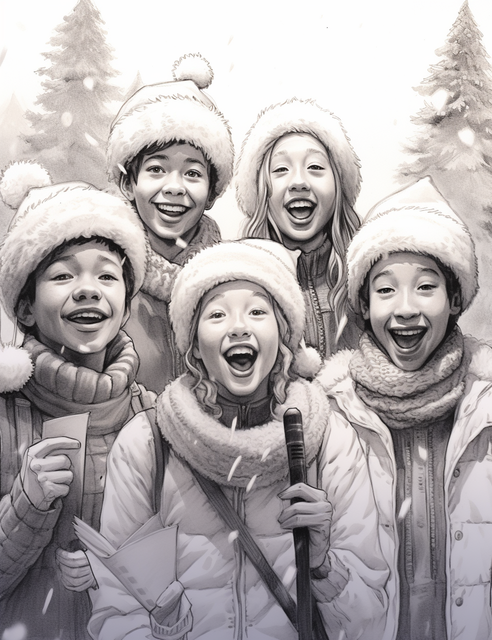 Group of Christmas carolers singing in snowfall