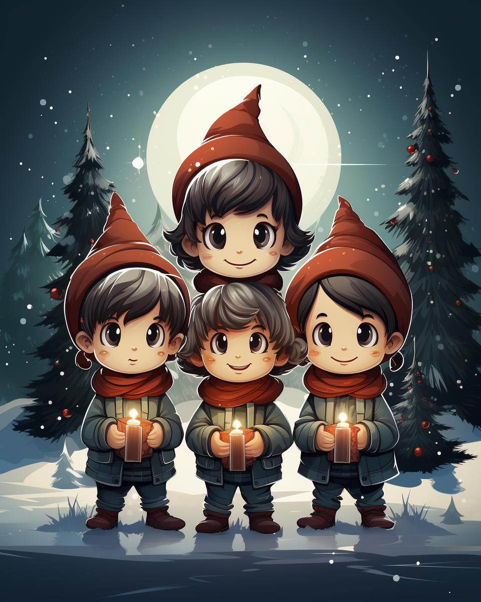 Cute Christmas cartoon elves with festive trees