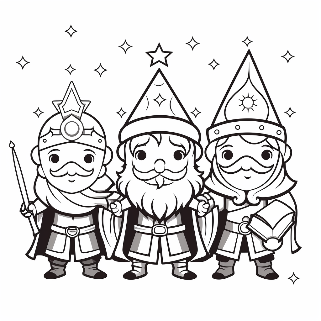 Black and white image of cute wizards kings