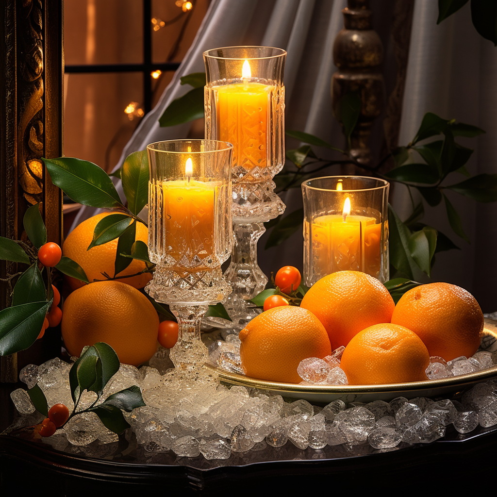 Beautiful Christmas decorations with tangerines and candles