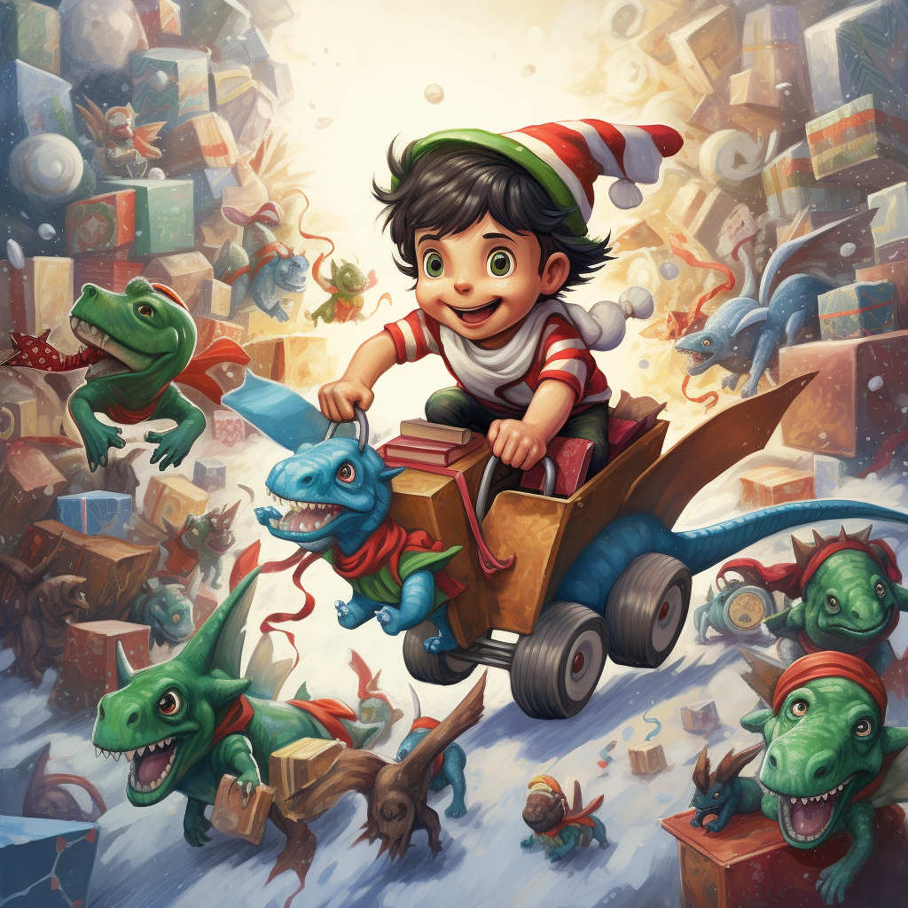 Christmas elf running from toys