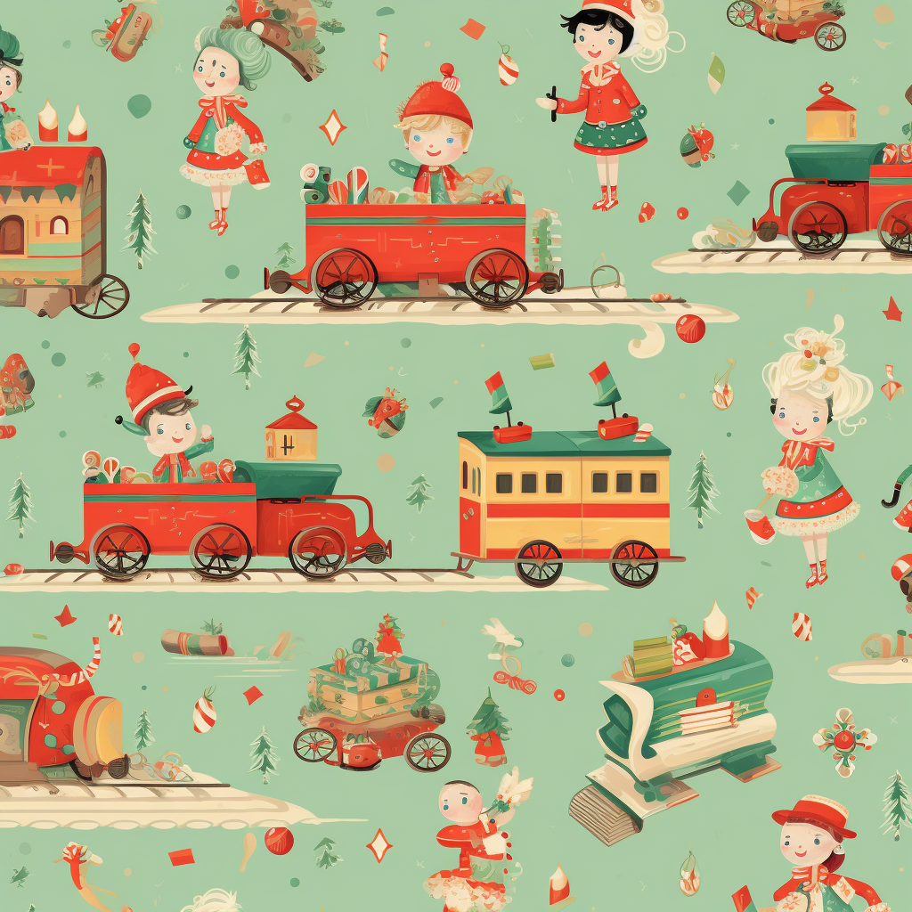 Cartoon Christmas elves playing with toy train