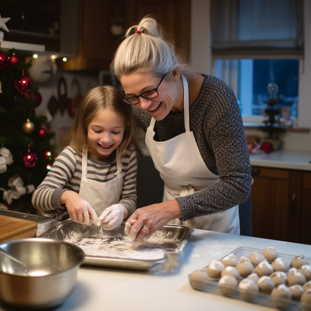 Joyful Mother and Twins Baking on Christmas Eve