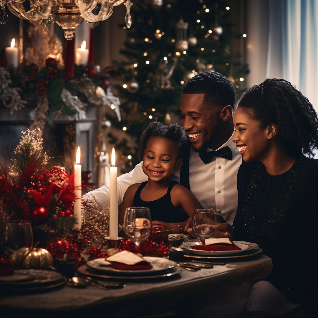 Black family enjoying Christmas dinner decorations