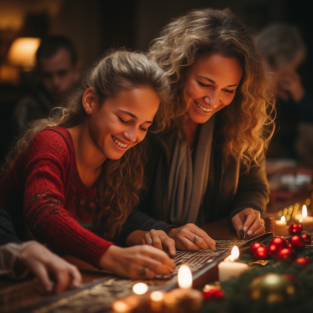 Multigenerational family decorating Christmas tree