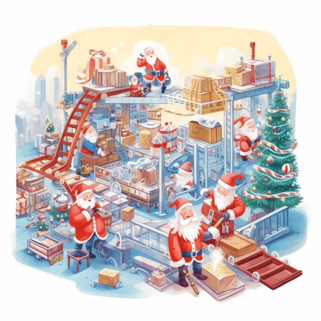 Santa Claus factory producing Christmas gifts