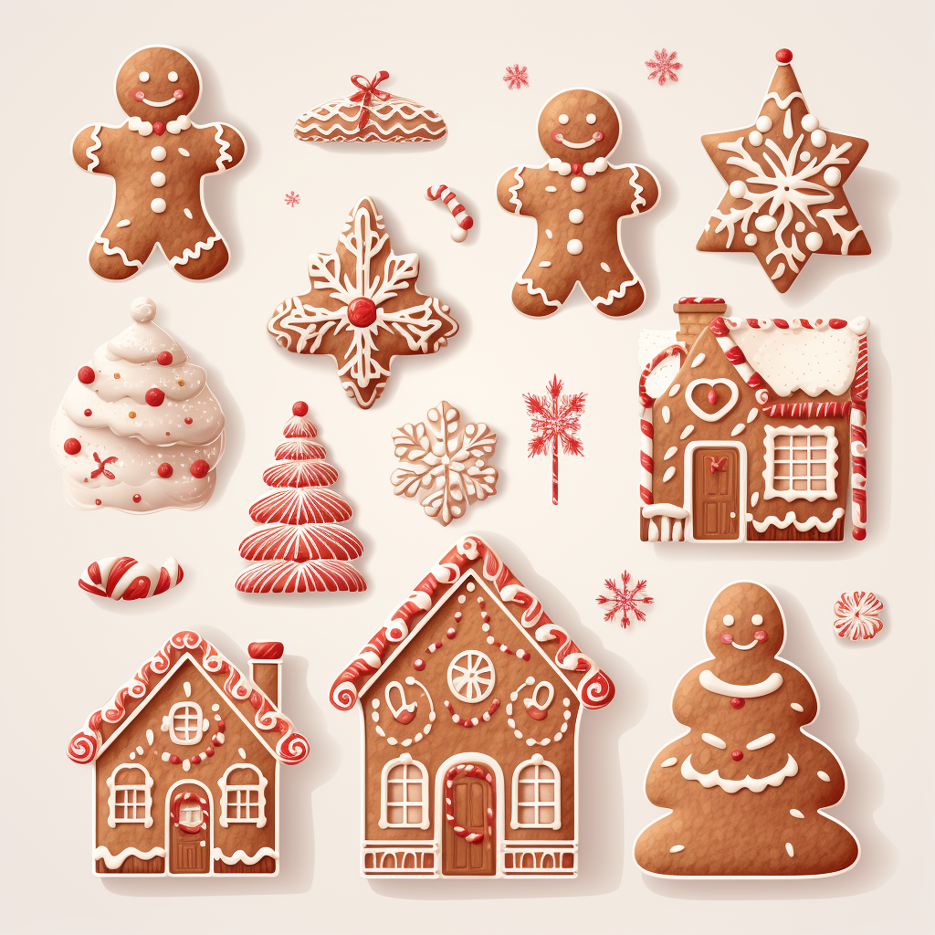 Festive Christmas gingerbread set on white background