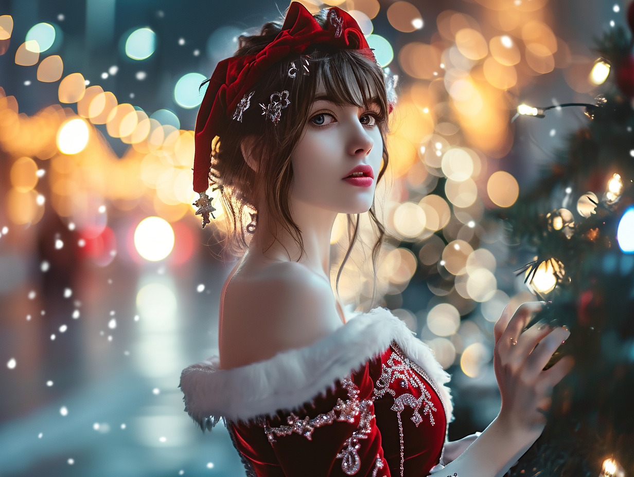 Young woman in a Christmas dress with sharp jawline