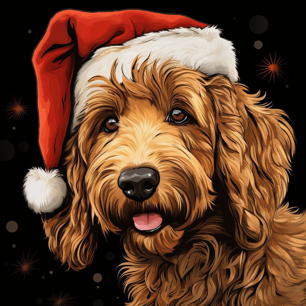 Festive golden doodle portrait in graphic novel art style