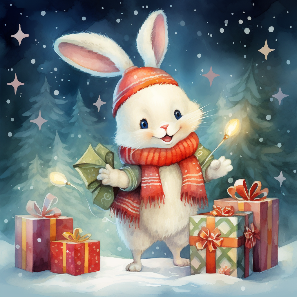 Cute rabbit surrounded by holiday decorations and gift