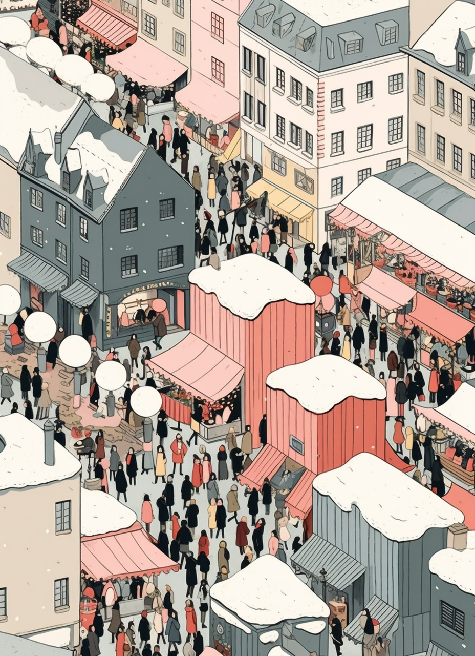 Vibrant Christmas market scene with Harriet Lee