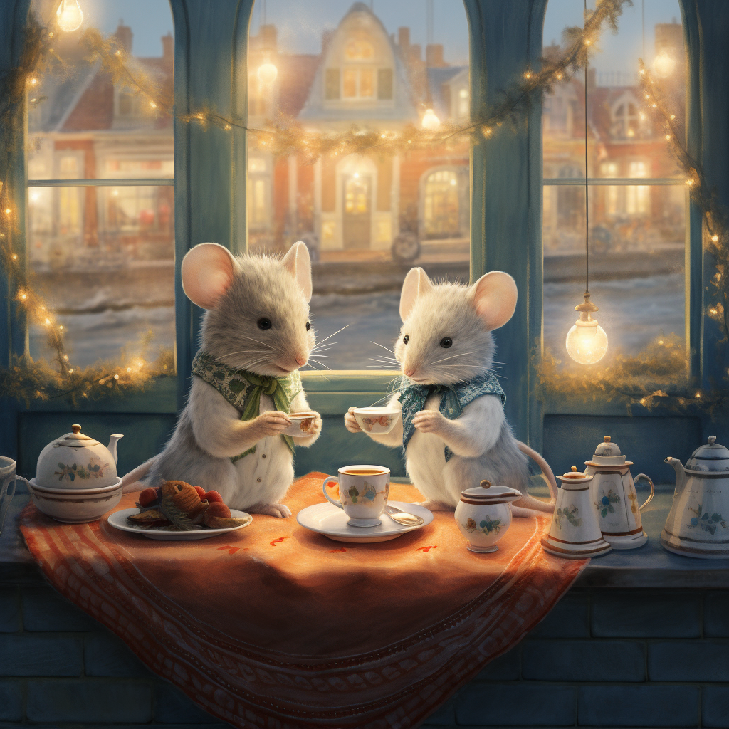 Two field mice enjoying tea in Victorian cafe