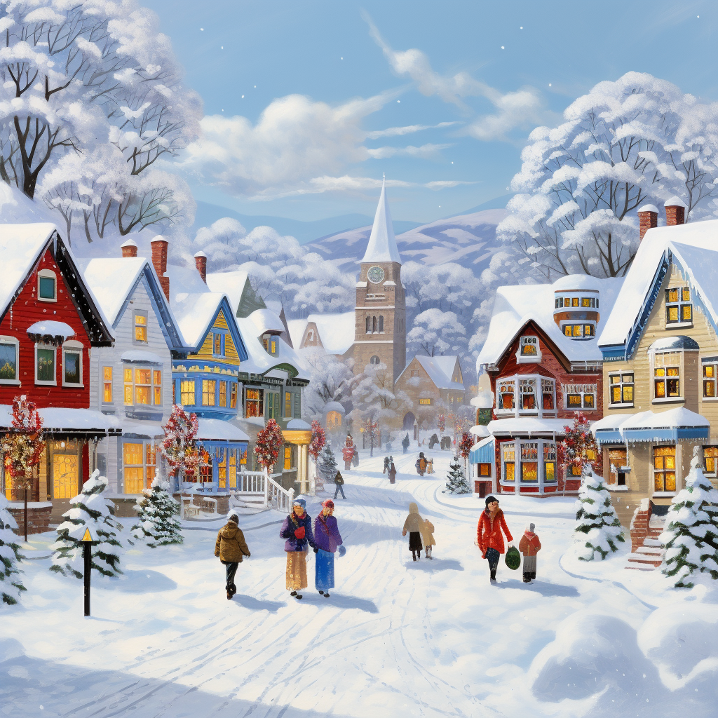 Beautiful Christmas Morning Village Scene with People