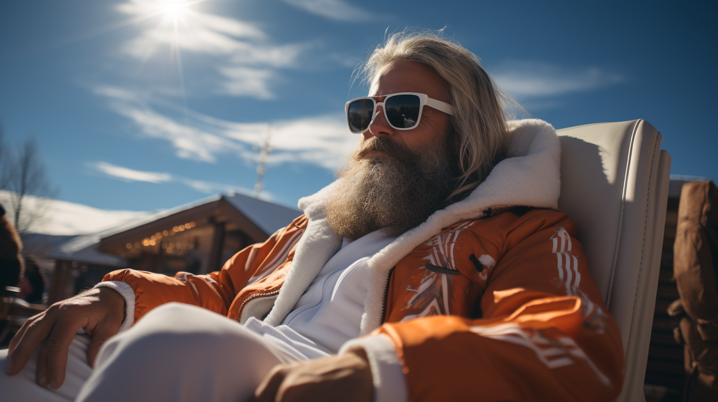 Eccentric characters in Christmas attire against dreamy mountain backdrop