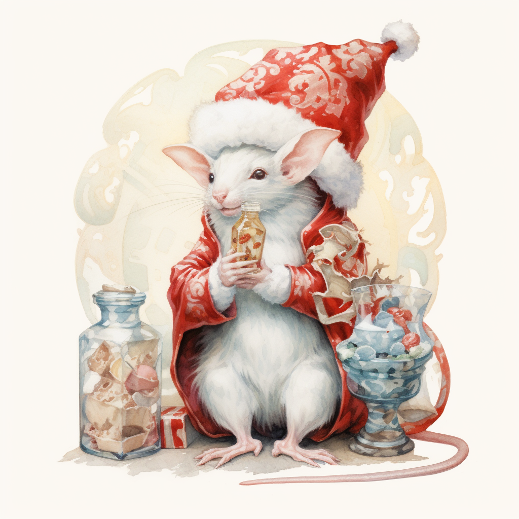 White Mouse in Christmas Hat Enjoying Coke